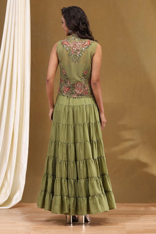 Green Georgette Festive Tiered Anarkali Dress