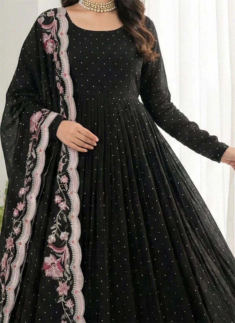 Black Chinon Silk Sequins Embroidered Anarkali Suit Festive Wear
