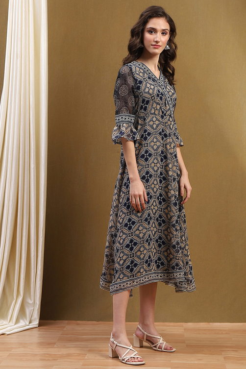 Blue Georgette Floral Printed Flared Dress