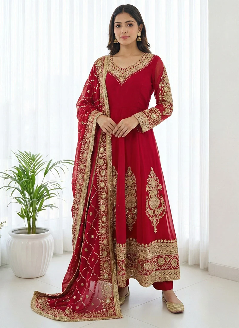 Red Georgette Sequins Anarkali Suit Festive Wear