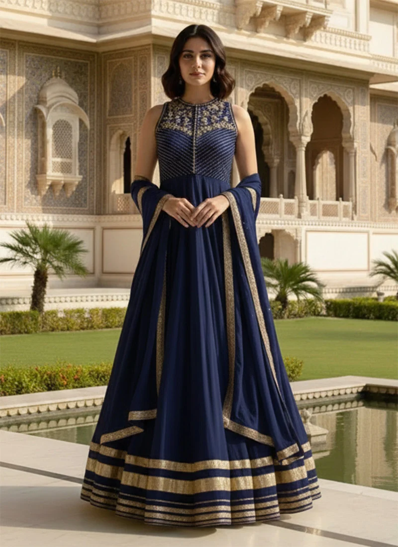 Blue Georgette Beads Work A line Anarkali Suit Wedding Wear