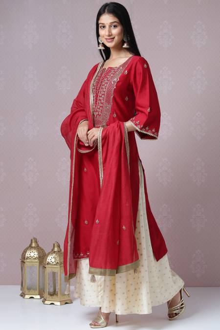 Cherry Red Cotton Silk Sharara Kurta Sharara Suit Set