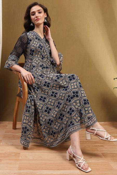 Blue Georgette Floral Printed Flared Dress